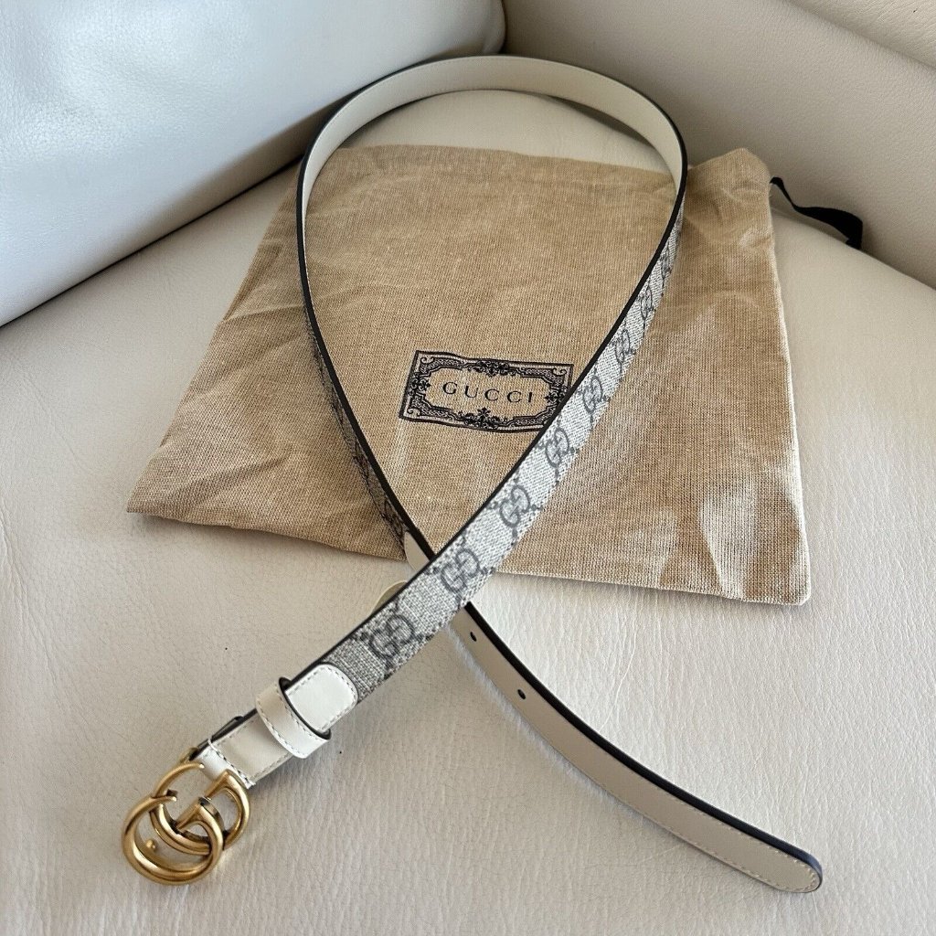 New Gucci 430$ Gg Marmont Belt In Beige Gg Supreme & White Leather 100 Cm 40 In